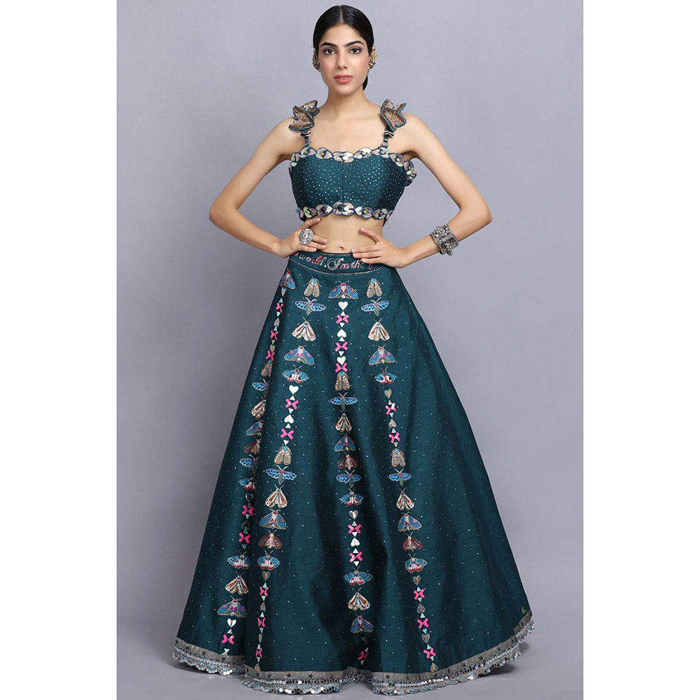 Arpita Sulakshana Teal Handpainted Lehenga Blouse with Dupatta (Set of 3)
