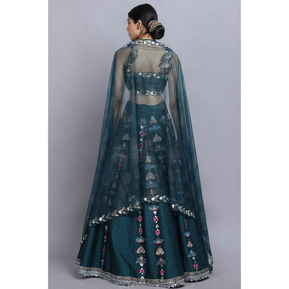 Arpita Sulakshana Teal Handpainted Lehenga Blouse with Dupatta (Set of 3)