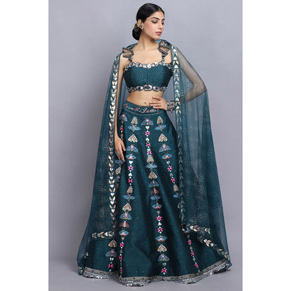 Arpita Sulakshana Teal Handpainted Lehenga Blouse with Dupatta (Set of 3)