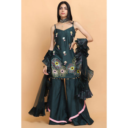Arpita Sulakshana Bottle Green Silk Kurta Sharara with Dupatta (Set of 3)