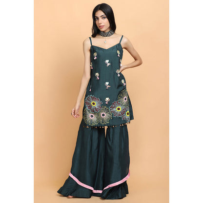 Arpita Sulakshana Bottle Green Silk Kurta Sharara with Dupatta (Set of 3)