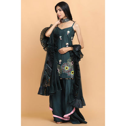 Arpita Sulakshana Bottle Green Silk Kurta Sharara with Dupatta (Set of 3)