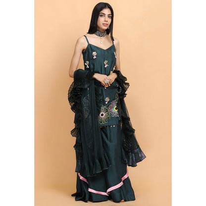 Arpita Sulakshana Bottle Green Silk Kurta Sharara with Dupatta (Set of 3)