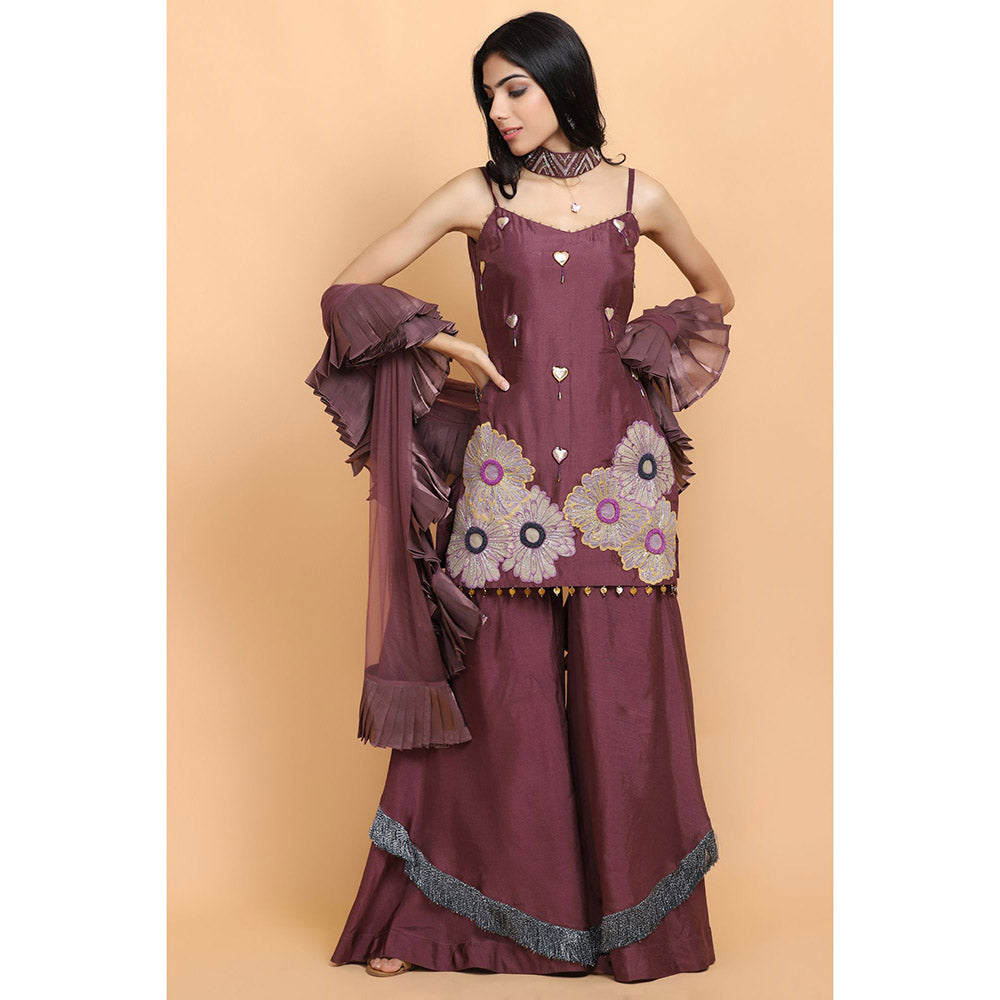 Arpita Sulakshana Wine Silk Kurta Sharara with Dupatta (Set of 3)