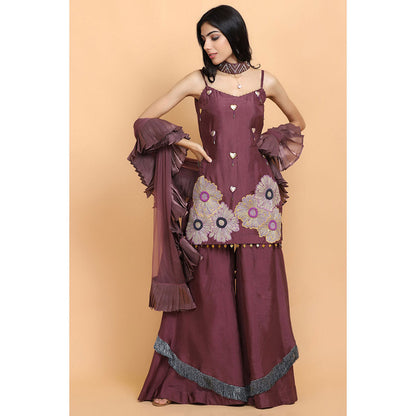 Arpita Sulakshana Wine Silk Kurta Sharara with Dupatta (Set of 3)