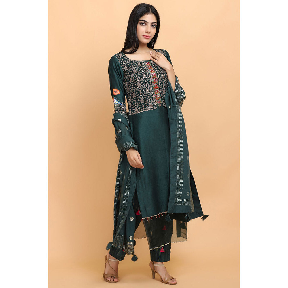 Arpita Sulakshana Bottle Green Chanderi Silk Kurta Pant and Dupatta (Set of 3)