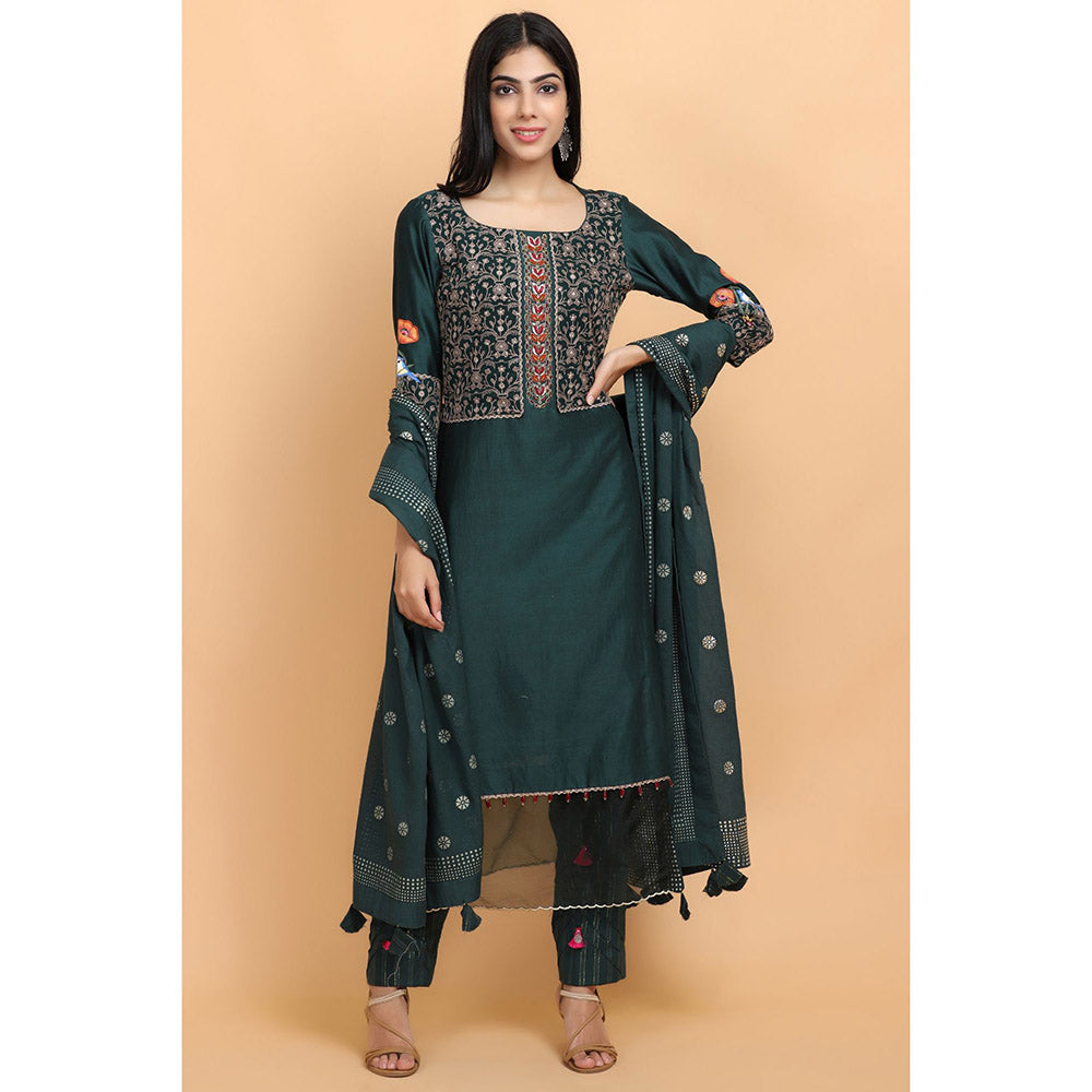 Arpita Sulakshana Bottle Green Chanderi Silk Kurta Pant and Dupatta (Set of 3)