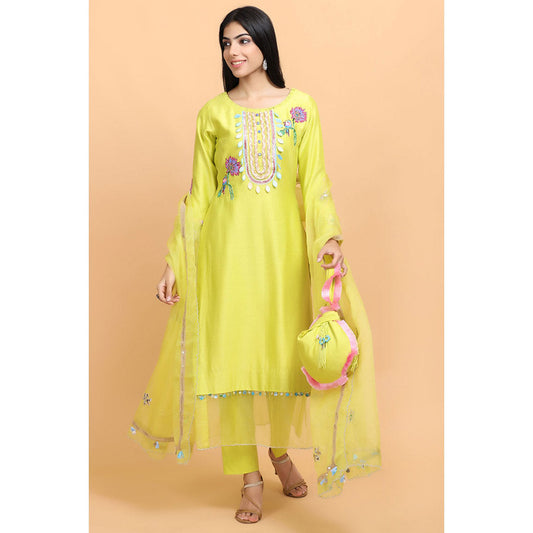 Arpita Sulakshana Yellow Handpainted Kurta Pant with Dupatta (Set of 3)