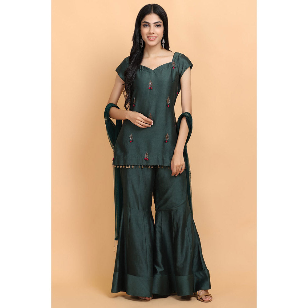 Arpita Sulakshana Bottle Green Kurta Sharara with Dupatta (Set of 3)