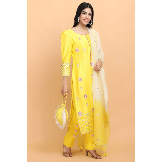 Arpita Sulakshana Yellow Chanderi Kurta Pant with Dupatta (Set of 3)