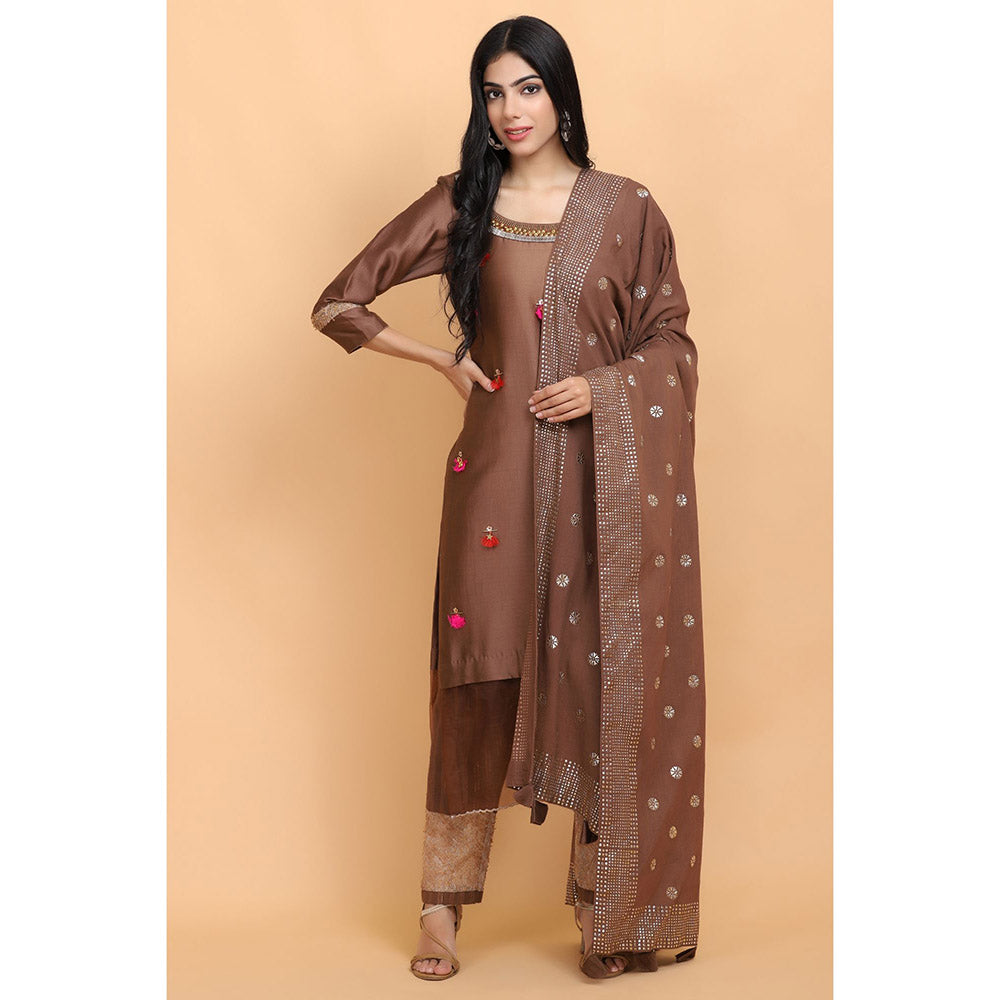 Arpita Sulakshana Brown Chanderi Silk Kurta Pant with Dupatta (Set of 3)