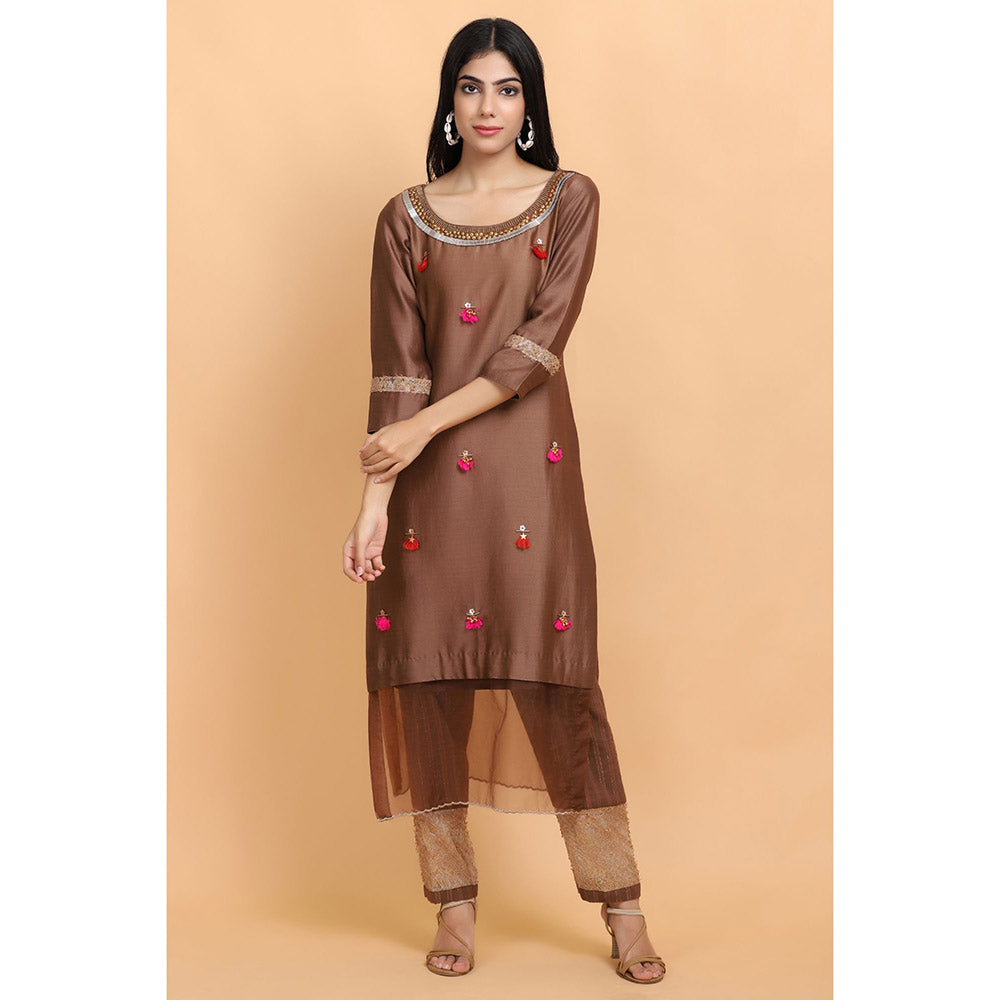Arpita Sulakshana Brown Chanderi Silk Kurta Pant with Dupatta (Set of 3)