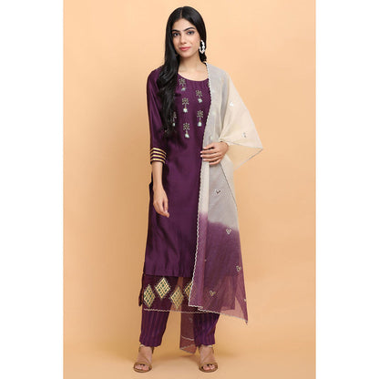 Arpita Sulakshana Wine Chanderi Kurta Pant with Dupatta (Set of 3)