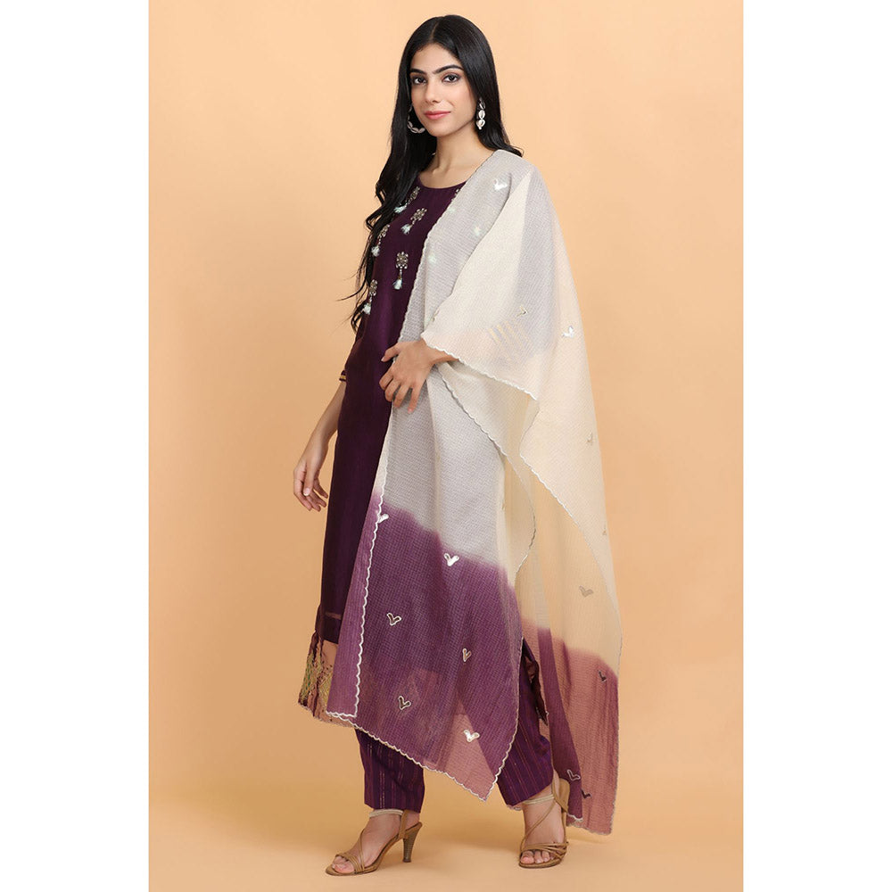 Arpita Sulakshana Wine Chanderi Kurta Pant with Dupatta (Set of 3)
