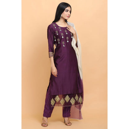 Arpita Sulakshana Wine Chanderi Kurta Pant with Dupatta (Set of 3)