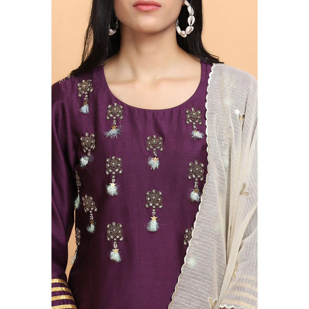 Arpita Sulakshana Wine Chanderi Kurta Pant with Dupatta (Set of 3)