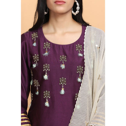 Arpita Sulakshana Wine Chanderi Kurta Pant with Dupatta (Set of 3)
