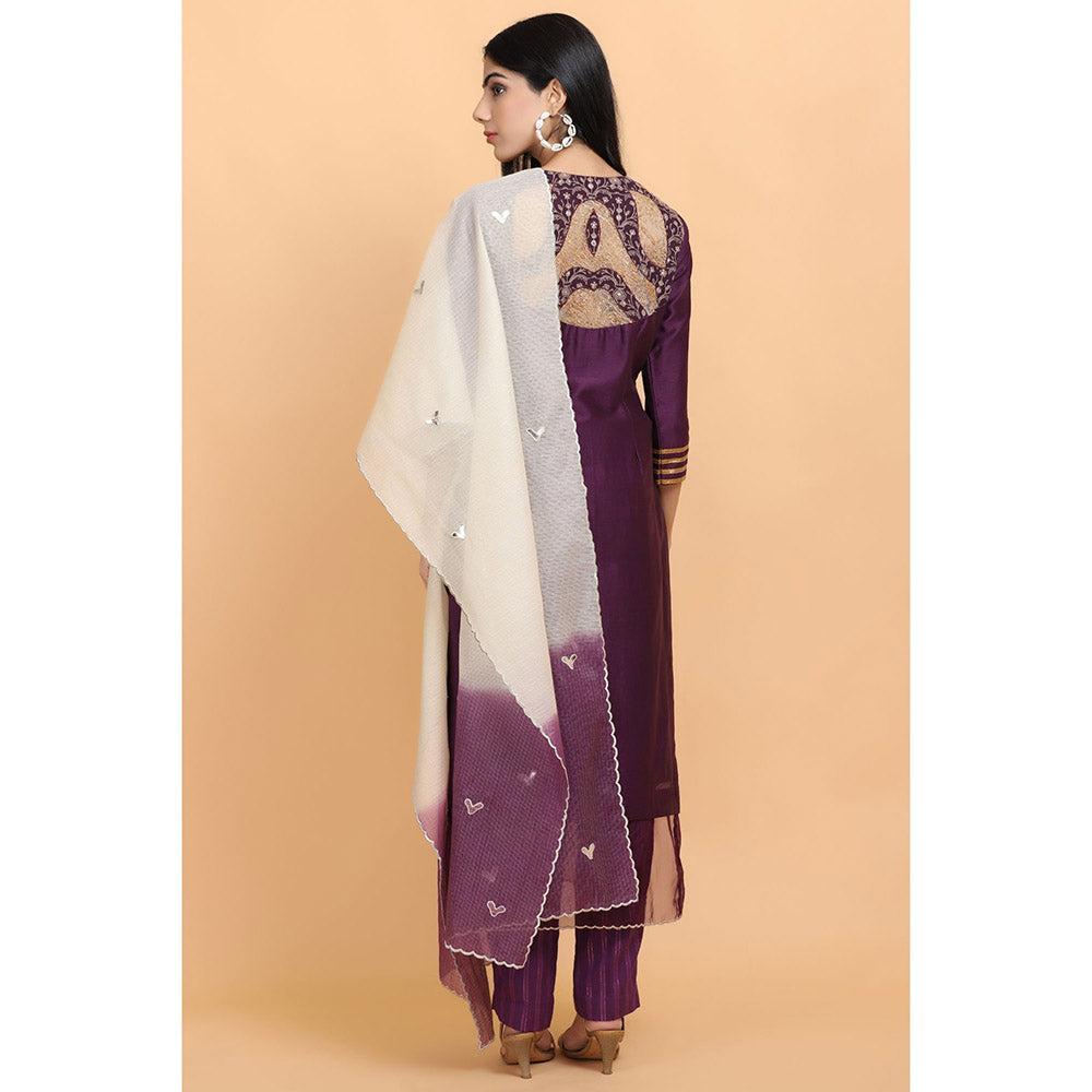 Arpita Sulakshana Wine Chanderi Kurta Pant with Dupatta (Set of 3)