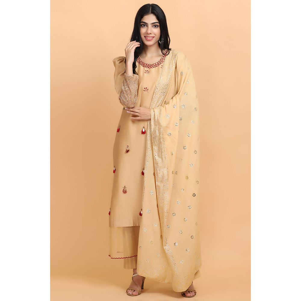 Arpita Sulakshana Beige Chanderi Kurta Pant with Dupatta (Set of 3)