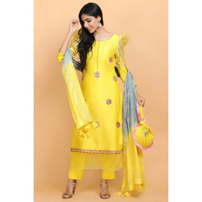 Arpita Sulakshana Yellow Gota Chanderi Kurta Pant with Dupatta (Set of 3)