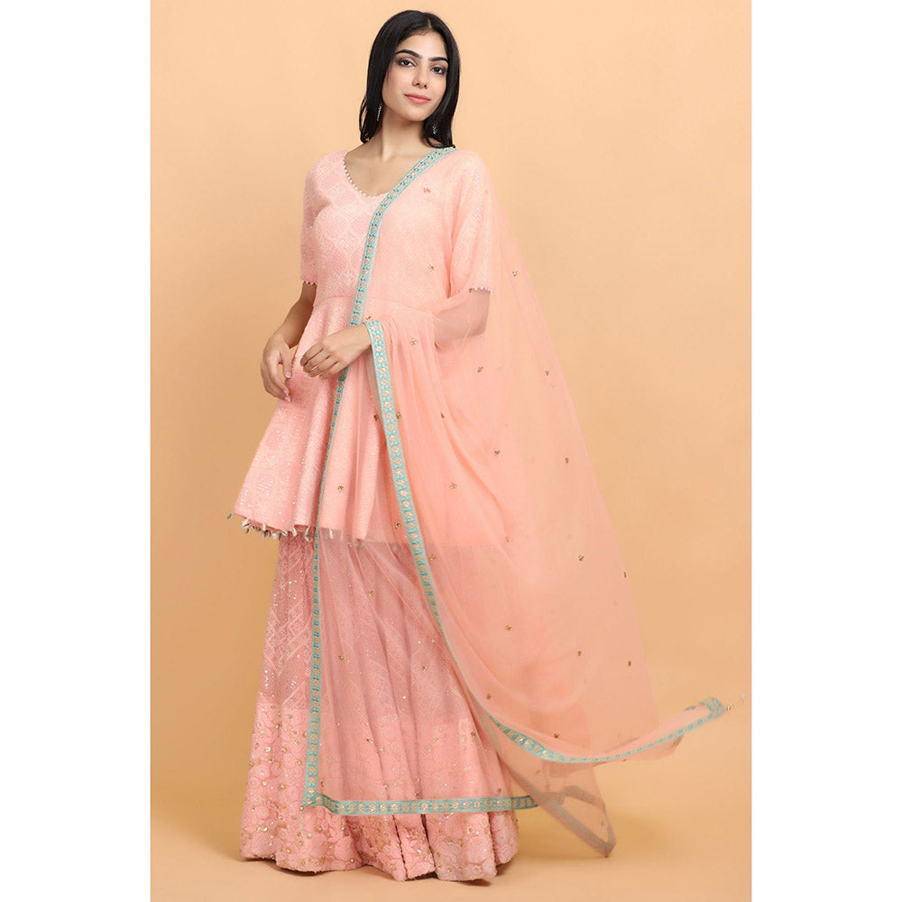 Arpita Sulakshana Peach Chickenkari Kurti Sharara with Dupatta (Set of 3)