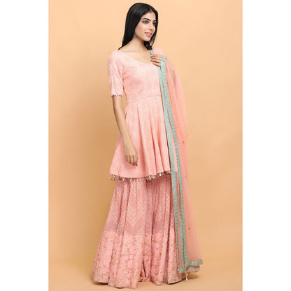 Arpita Sulakshana Peach Chickenkari Kurti Sharara with Dupatta (Set of 3)