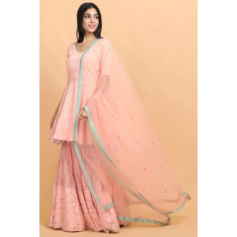 Arpita Sulakshana Peach Chickenkari Kurti Sharara with Dupatta (Set of 3)