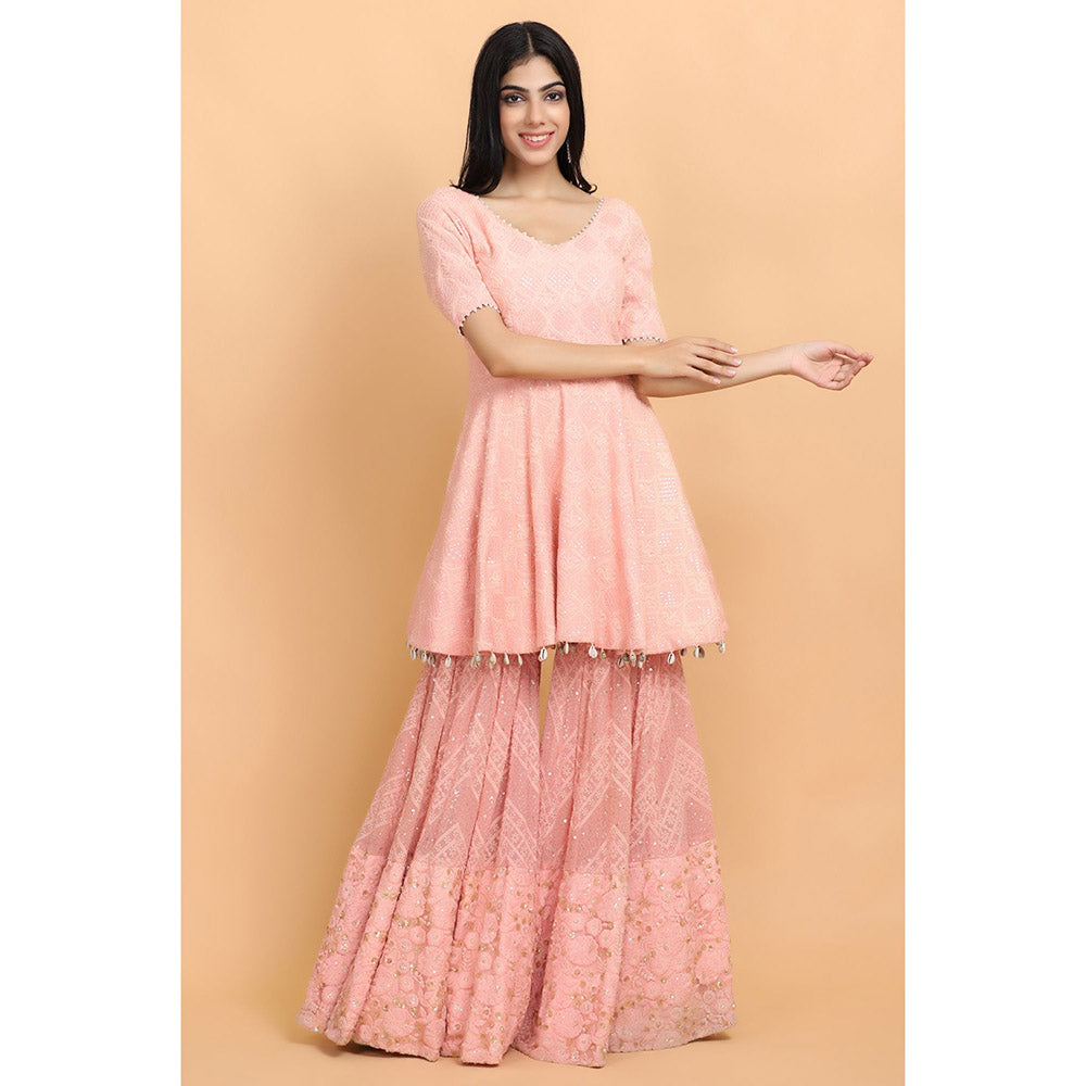 Arpita Sulakshana Peach Chickenkari Kurti Sharara with Dupatta (Set of 3)