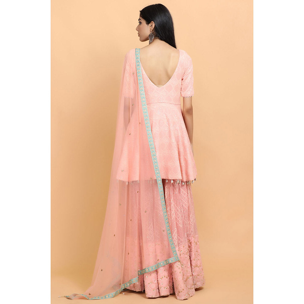 Arpita Sulakshana Peach Chickenkari Kurti Sharara with Dupatta (Set of 3)