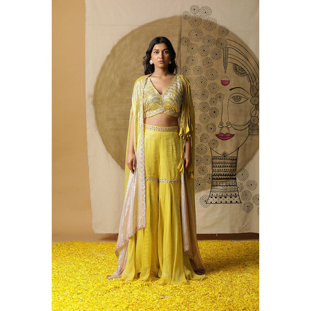 Arpita Sulakshana Yellow Blouse Sharara with Cape (Set of 3)