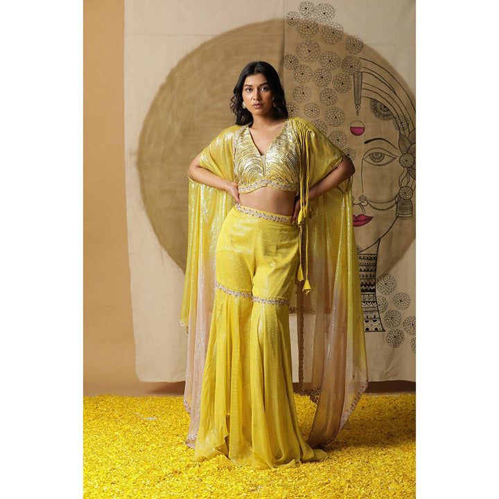 Arpita Sulakshana Yellow Blouse Sharara with Cape (Set of 3)