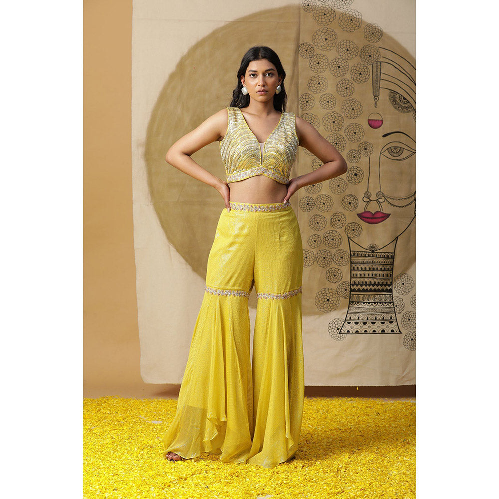 Arpita Sulakshana Yellow Blouse Sharara with Cape (Set of 3)