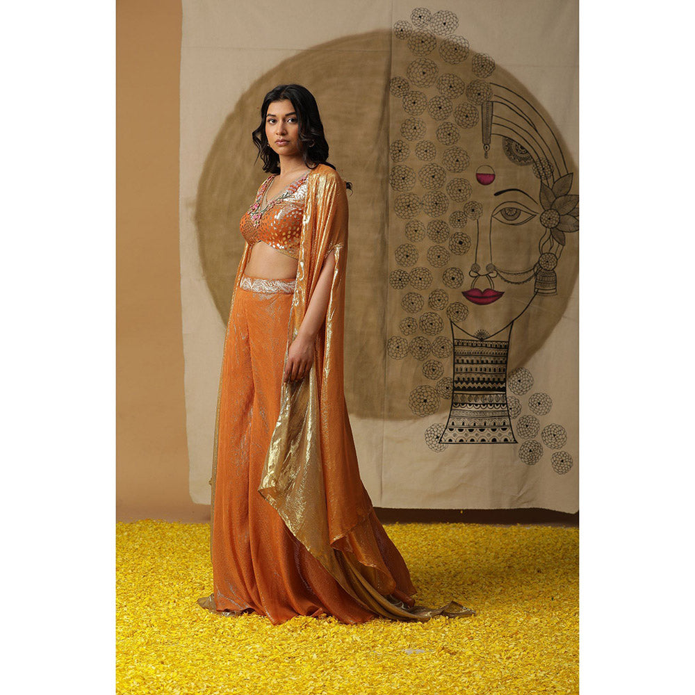 Arpita Sulakshana Apricot Orange Cape Blouse Palazzo with Cape (Set of 3)