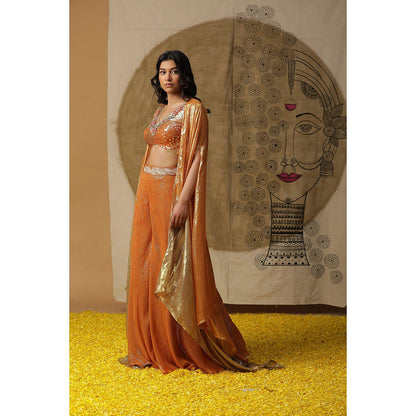 Arpita Sulakshana Apricot Orange Cape Blouse Palazzo with Cape (Set of 3)