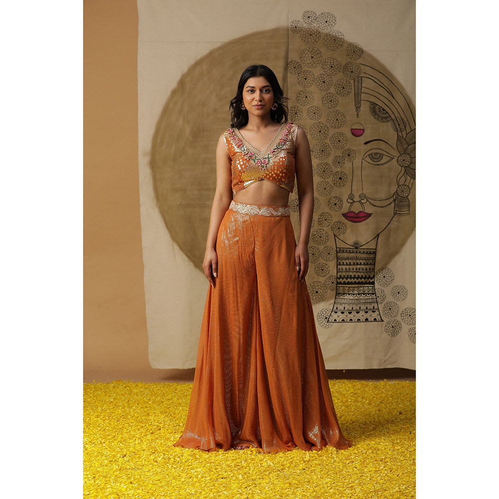 Arpita Sulakshana Apricot Orange Cape Blouse Palazzo with Cape (Set of 3)