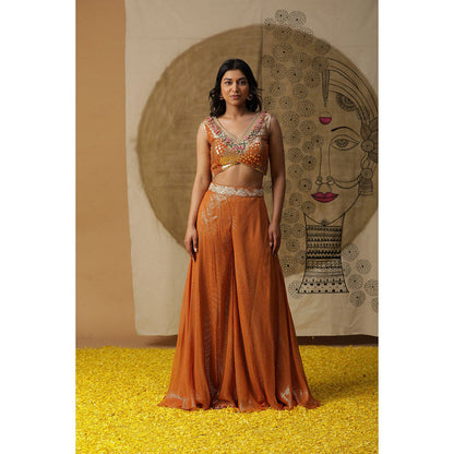 Arpita Sulakshana Apricot Orange Cape Blouse Palazzo with Cape (Set of 3)