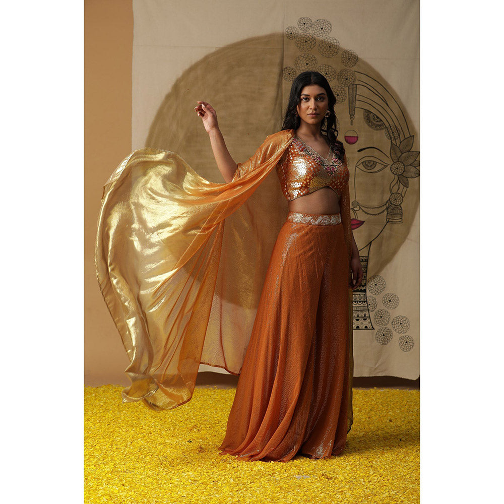 Arpita Sulakshana Apricot Orange Cape Blouse Palazzo with Cape (Set of 3)