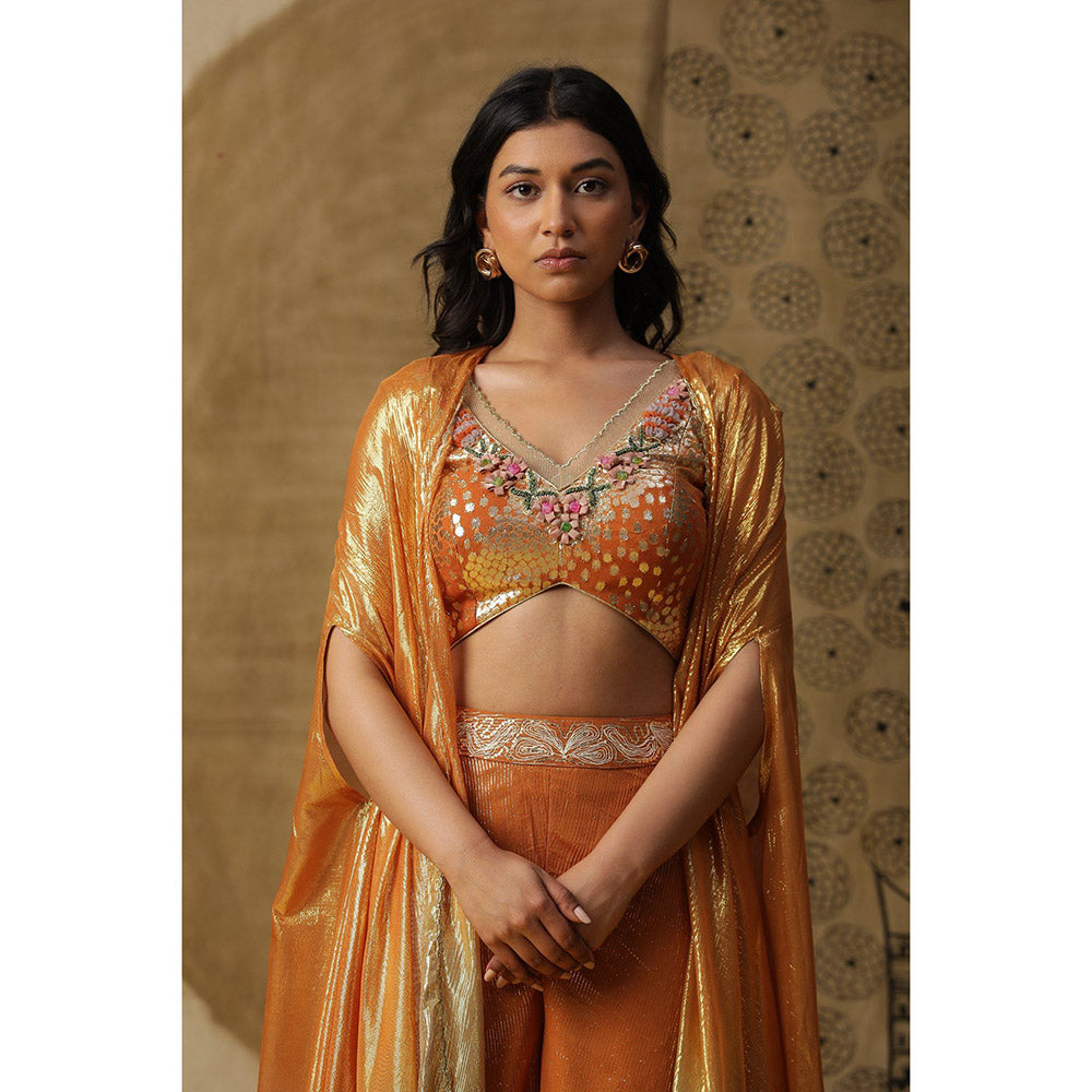 Arpita Sulakshana Apricot Orange Cape Blouse Palazzo with Cape (Set of 3)