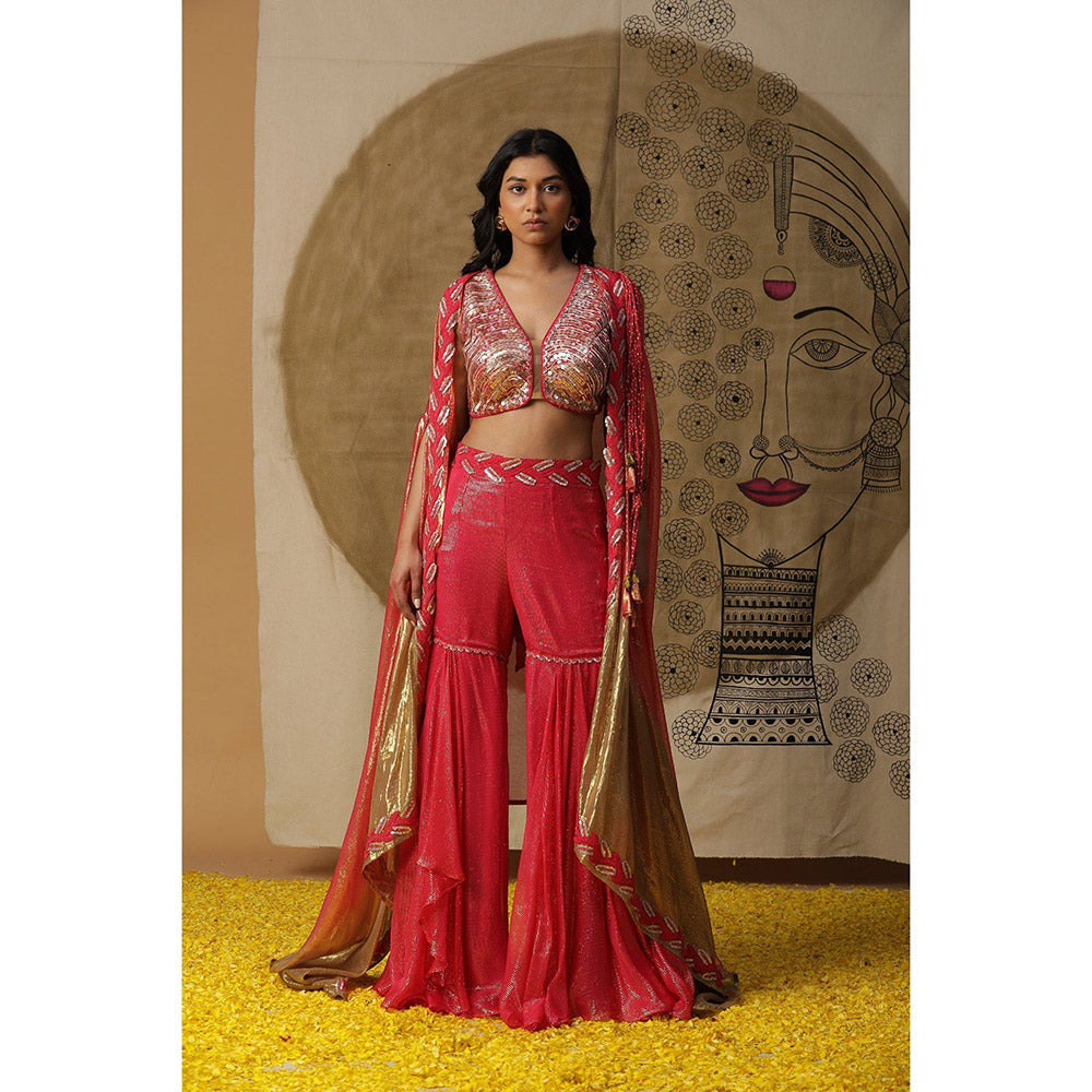 Arpita Sulakshana Red Blouse Sharara with Cape (Set of 3)