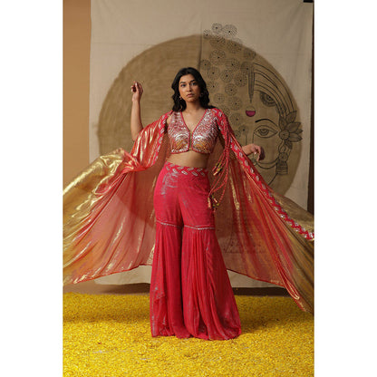 Arpita Sulakshana Red Blouse Sharara with Cape (Set of 3)