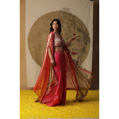 Arpita Sulakshana Red Blouse Sharara with Cape (Set of 3)