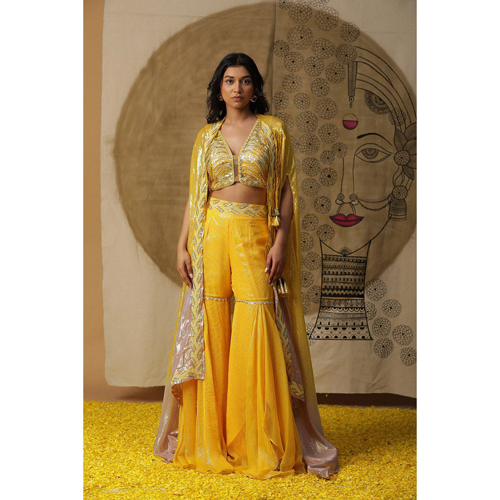 Arpita Sulakshana Lemon Yellow Blouse Sharara with Cape (Set of 3)