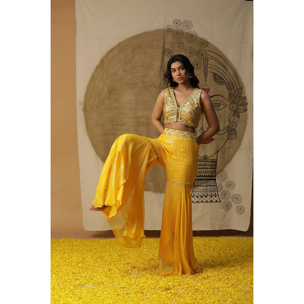 Arpita Sulakshana Lemon Yellow Blouse Sharara with Cape (Set of 3)