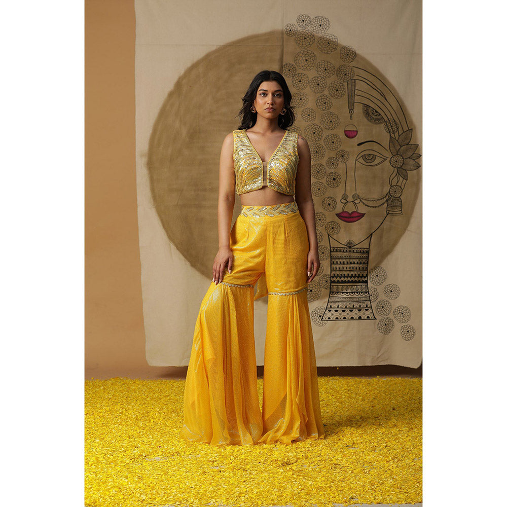 Arpita Sulakshana Lemon Yellow Blouse Sharara with Cape (Set of 3)