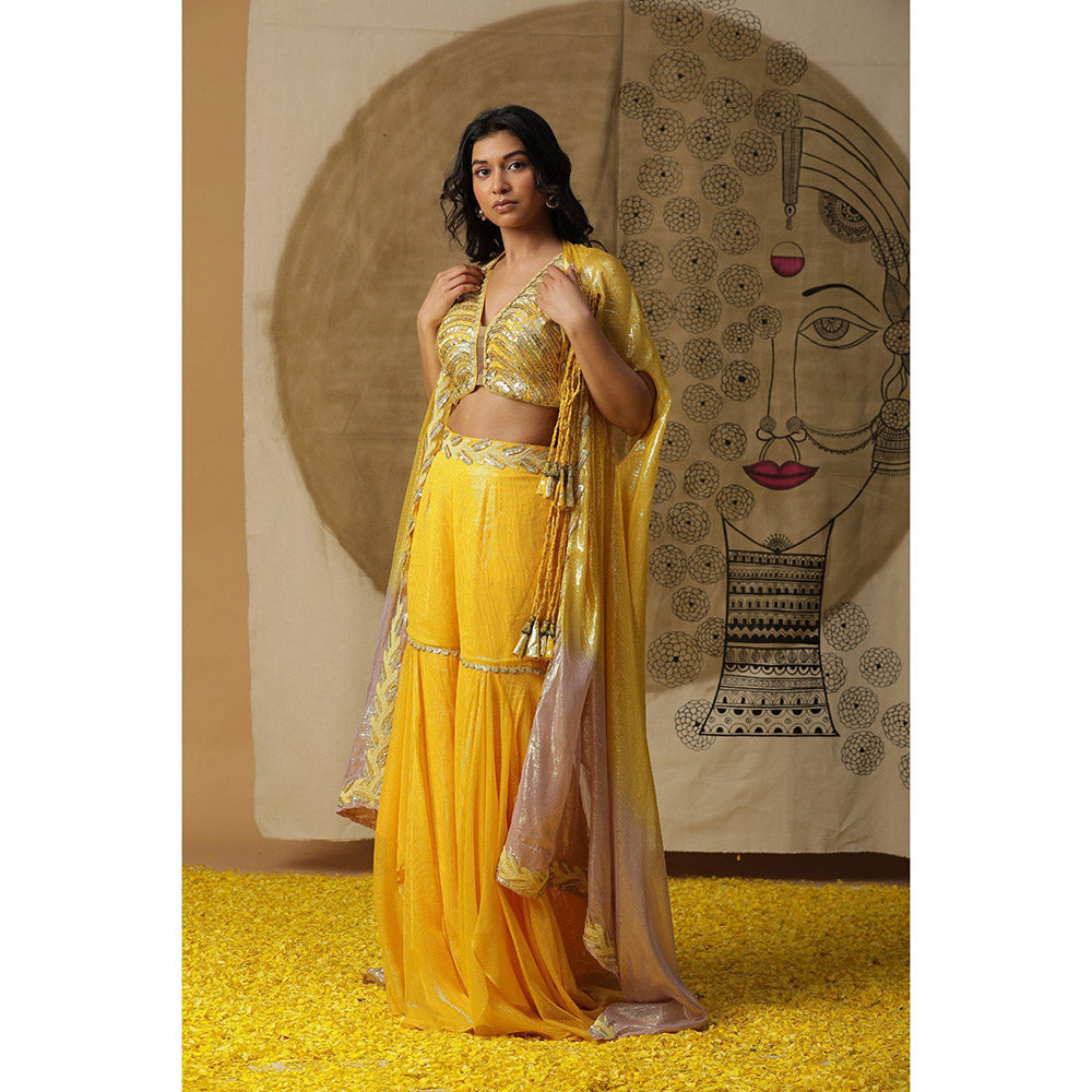 Arpita Sulakshana Lemon Yellow Blouse Sharara with Cape (Set of 3)