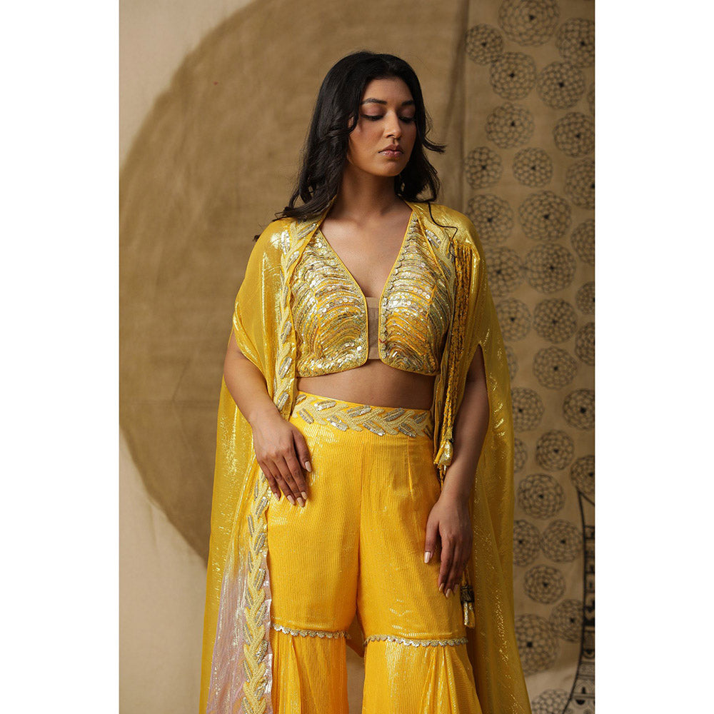 Arpita Sulakshana Lemon Yellow Blouse Sharara with Cape (Set of 3)