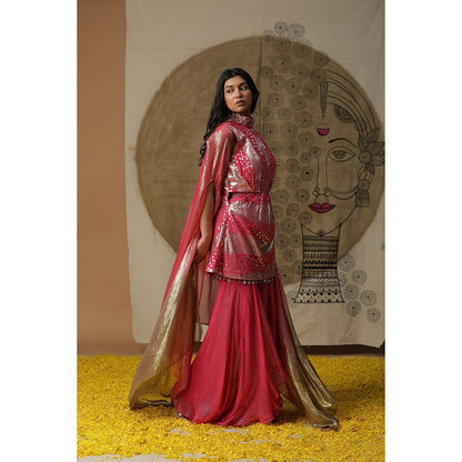Arpita Sulakshana Red Kurta Sharara with Cape (Set of 3)