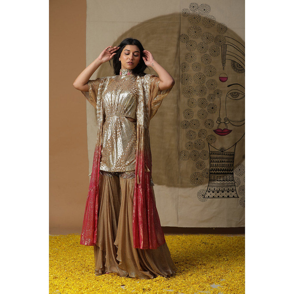 Arpita Sulakshana Dusty Brown Kurta Sharara with Cape (Set of 3)
