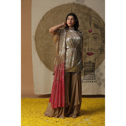 Arpita Sulakshana Dusty Brown Kurta Sharara with Cape (Set of 3)