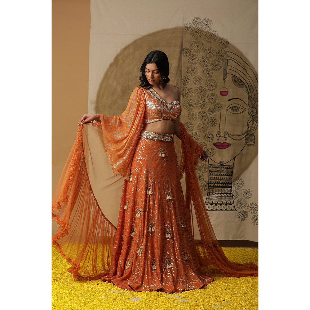 Arpita Sulakshana Rust Orange Blouse Lehenga with Dupatta (Set of 3)